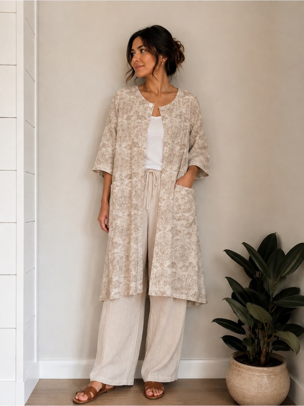 Masai Linen Cotton Lagenlook Tunic Jacket Floral Print Pockets Beige XL